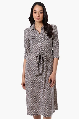 Beechers Brook Patterned Belted 3/4 Sleeve Midi Dress