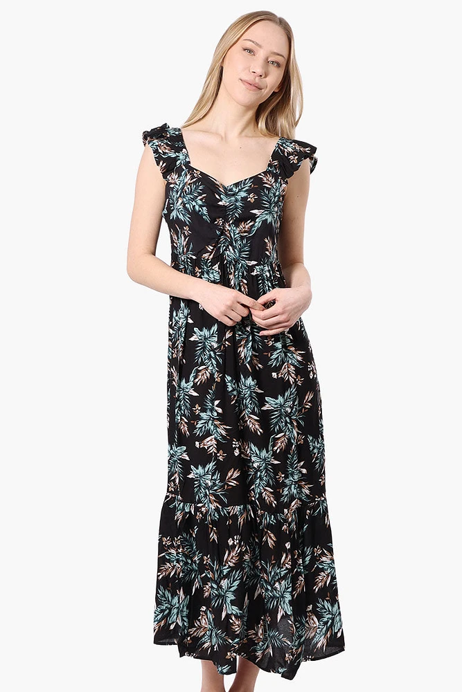 International INC Company Leaf Pattern Ruffle Strap Maxi Dress - Black