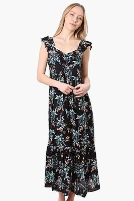 International INC Company Leaf Pattern Ruffle Strap Maxi Dress - Black