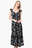 International INC Company Leaf Pattern Ruffle Strap Maxi Dress - Black