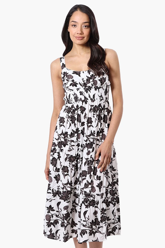 Limite Floral Smocked Waist Midi Dress - White
