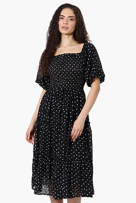 Limite Polka Dot Pattern Smocked Day Dress - Black
