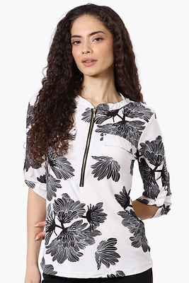 Beechers Brook Floral Half Zip Roll Up Sleeve Shirt - White