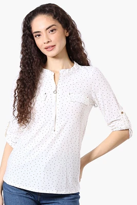 Beechers Brook Dotted Roll Up Sleeve Half Zip Shirt - White