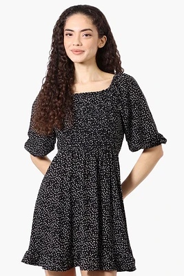 Beechers Brook Dotted Puff Sleeve Smocked Day Dress