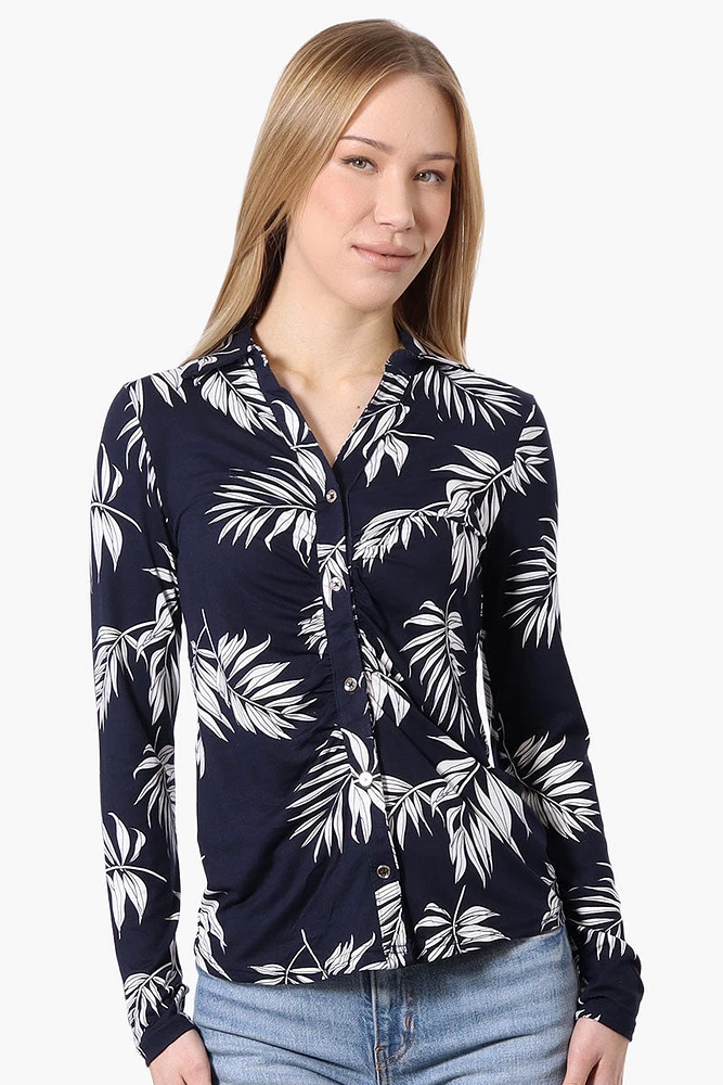 International INC Company Floral Ruched Button Down Shirt