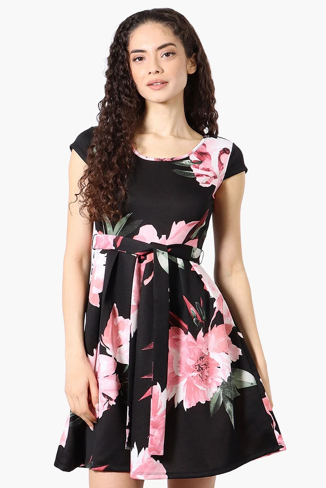Costa Blanca Floral Belted Cap Sleeve Day Dress