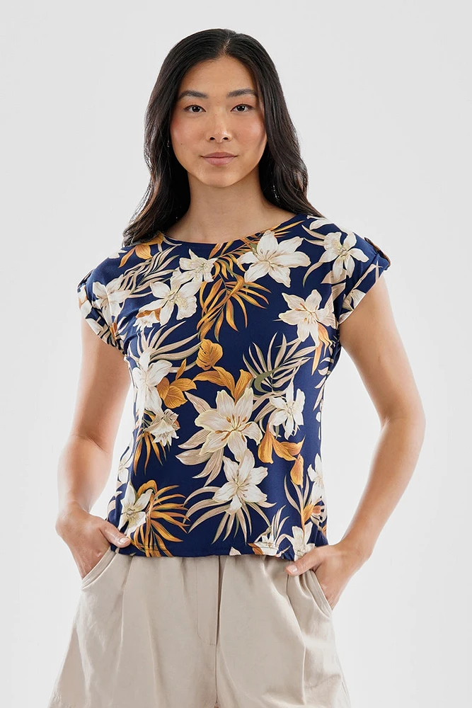 Beechers Brook Floral Cap Sleeve Back Slit Tee