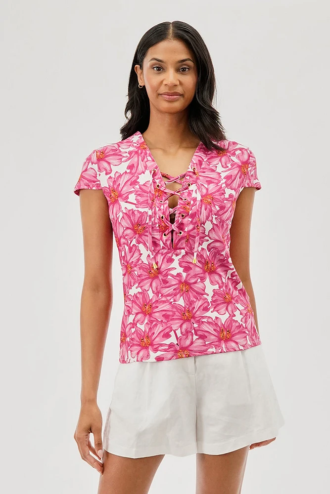 International INC Company Floral Lace Up Short Sleeve Blouse