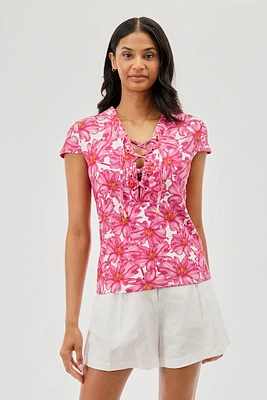 International INC Company Floral Lace Up Short Sleeve Blouse