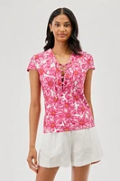 International INC Company Floral Lace Up Short Sleeve Blouse