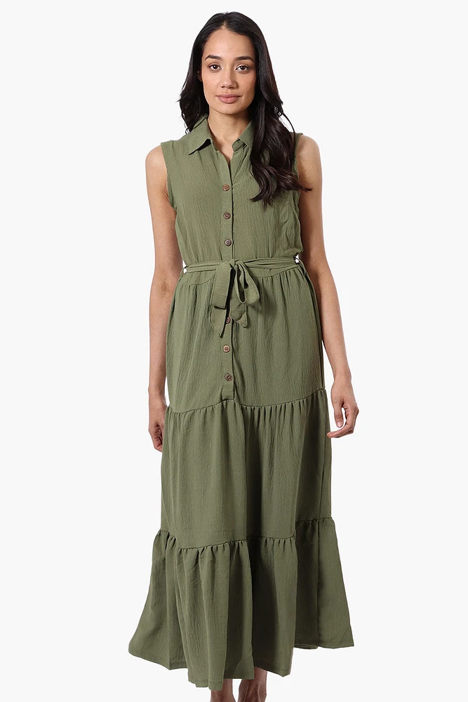 Stylexchange Belted Tiered Front Button Maxi Dress