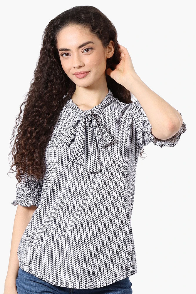 Beechers Brook Patterned Tie Neck Smocked Sleeve Blouse - White