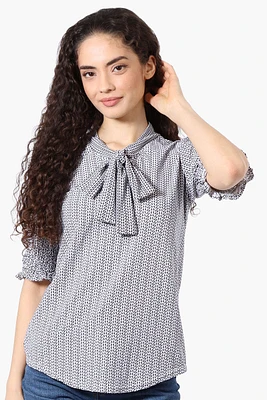 Beechers Brook Patterned Tie Neck Smocked Sleeve Blouse - White