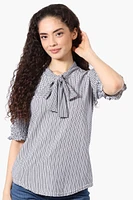 Beechers Brook Patterned Tie Neck Smocked Sleeve Blouse - White
