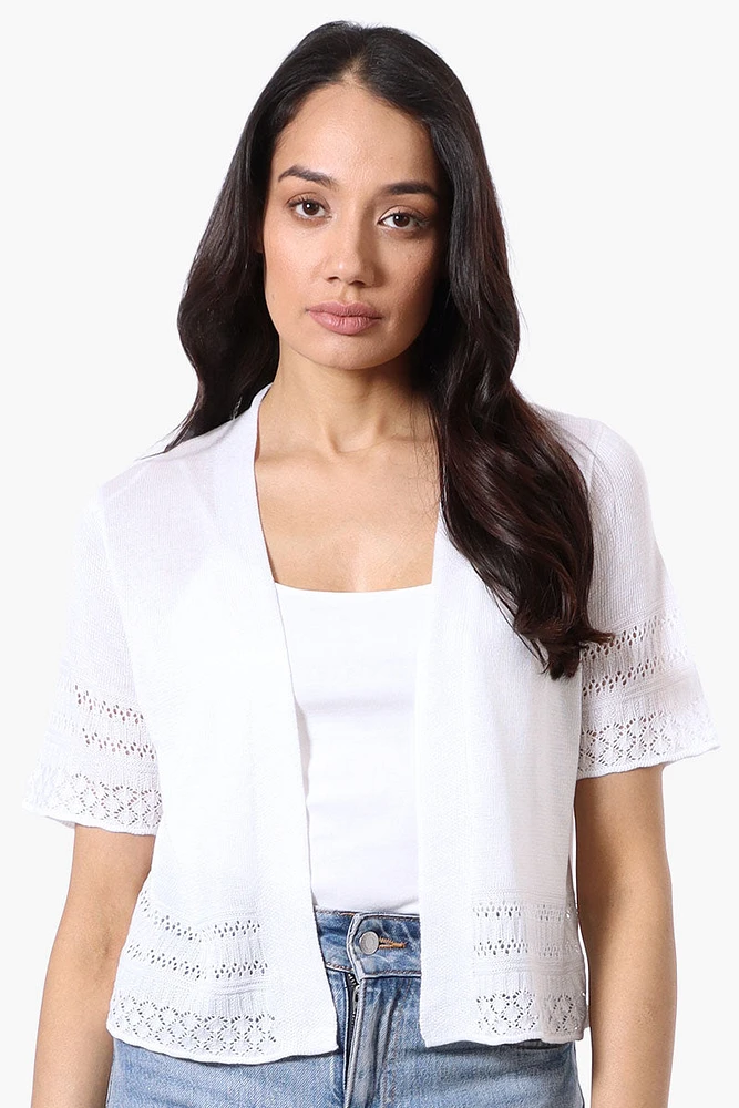 Beechers Brook Crochet Detail Open Shrug Cardigan - White