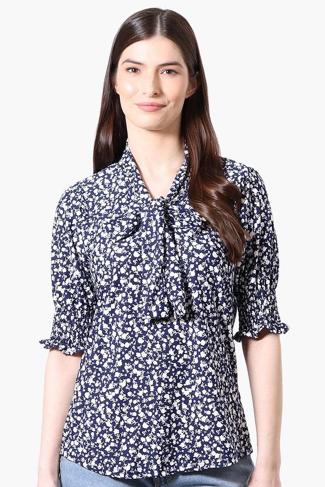 Beechers Brook Floral Tie Neck Smocked Sleeve Blouse