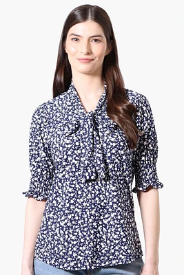 Beechers Brook Floral Tie Neck Smocked Sleeve Blouse