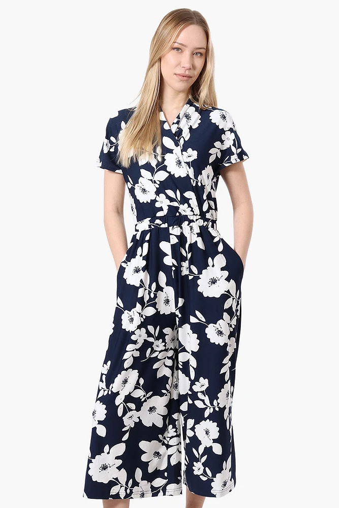 Beechers Brook Floral Short Sleeve Crossover Jumpsuit - Navy