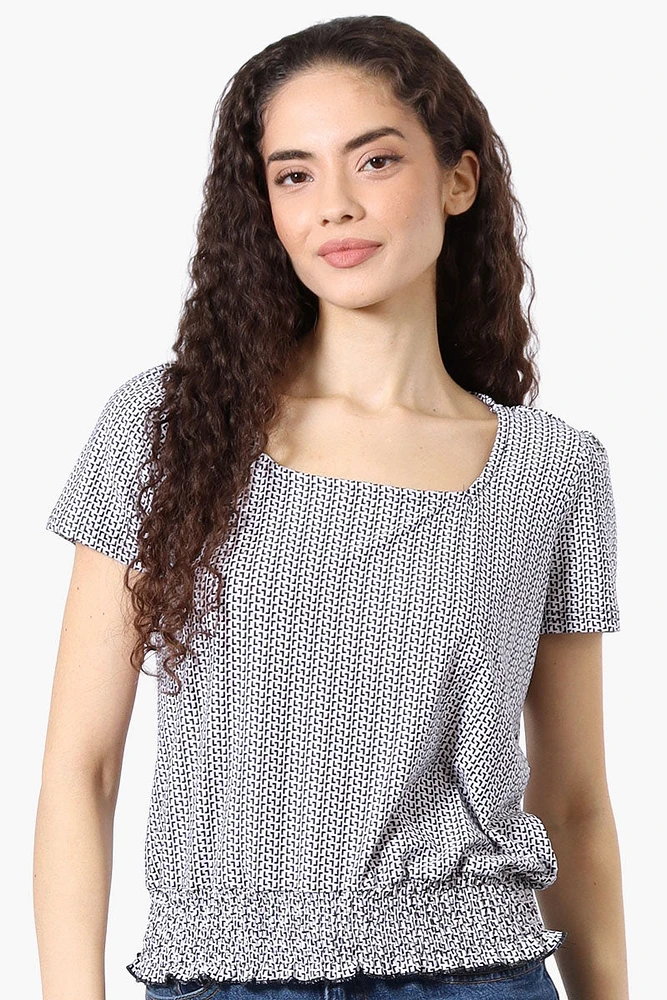 Beechers Brook Patterned Square Neck Smocked Tee - White