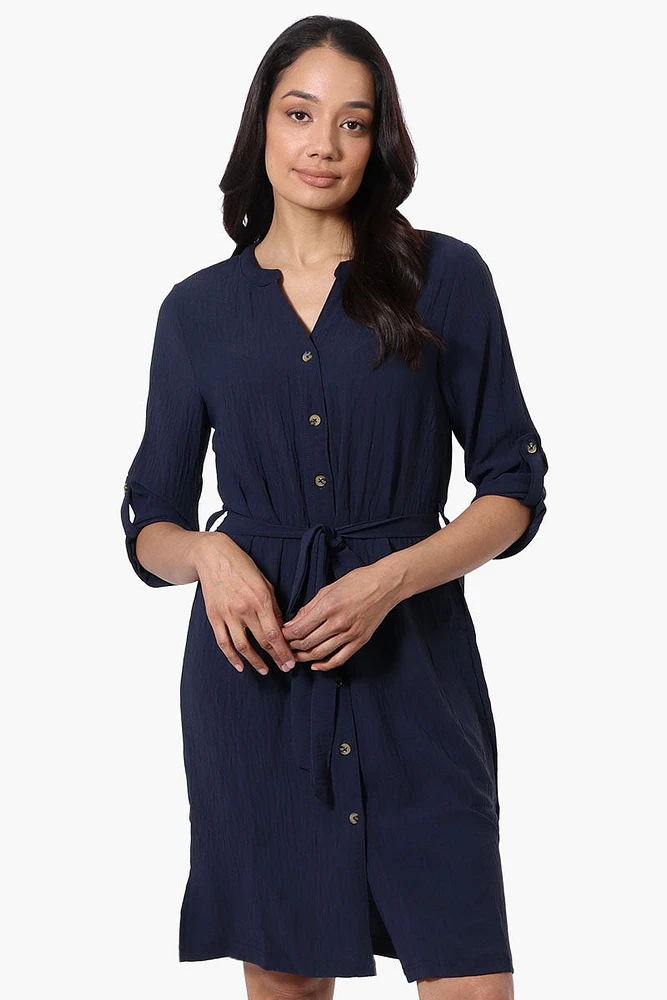 Urbanology Button Down Belted Day Dress - Navy