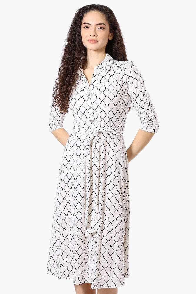Beechers Brook Patterned Button Up Belted Midi Dress - White