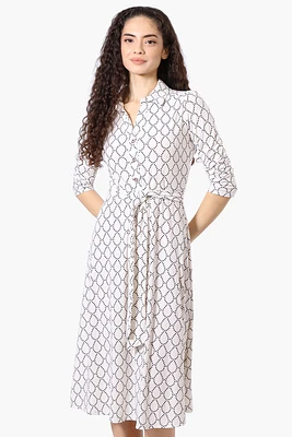 Beechers Brook Patterned Button Up Belted Midi Dress - White