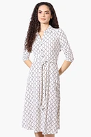 Beechers Brook Patterned Button Up Belted Midi Dress - White