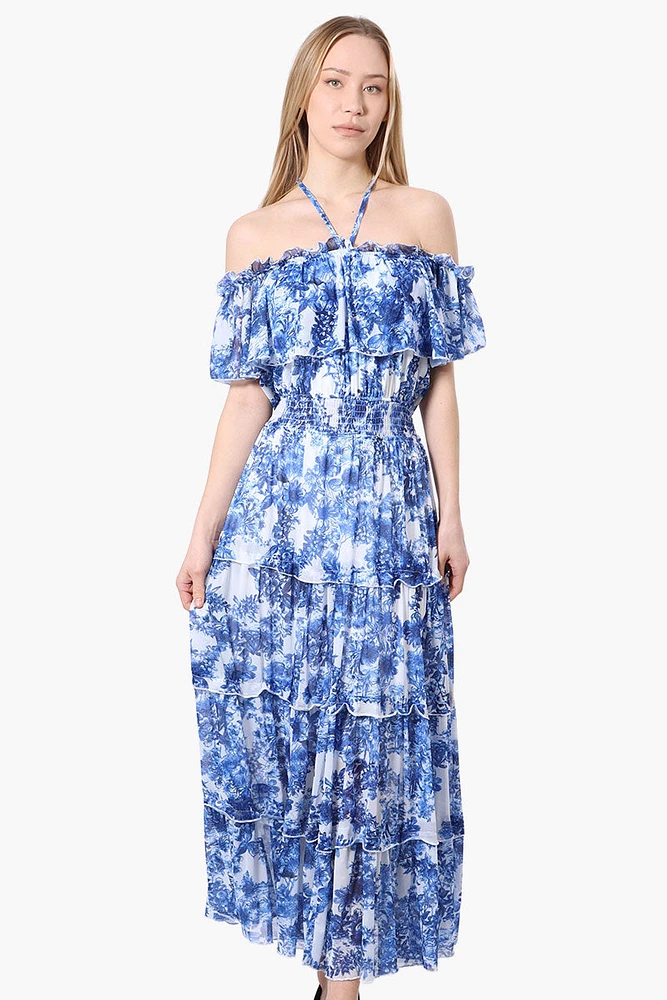 Costa Blanca Leaf Pattern Halter Strap Tiered Maxi Dress - Blue