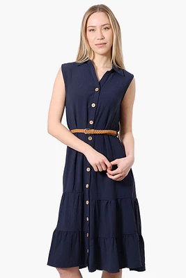 Urbanology Button Down Rope Belt Day Dress - Navy
