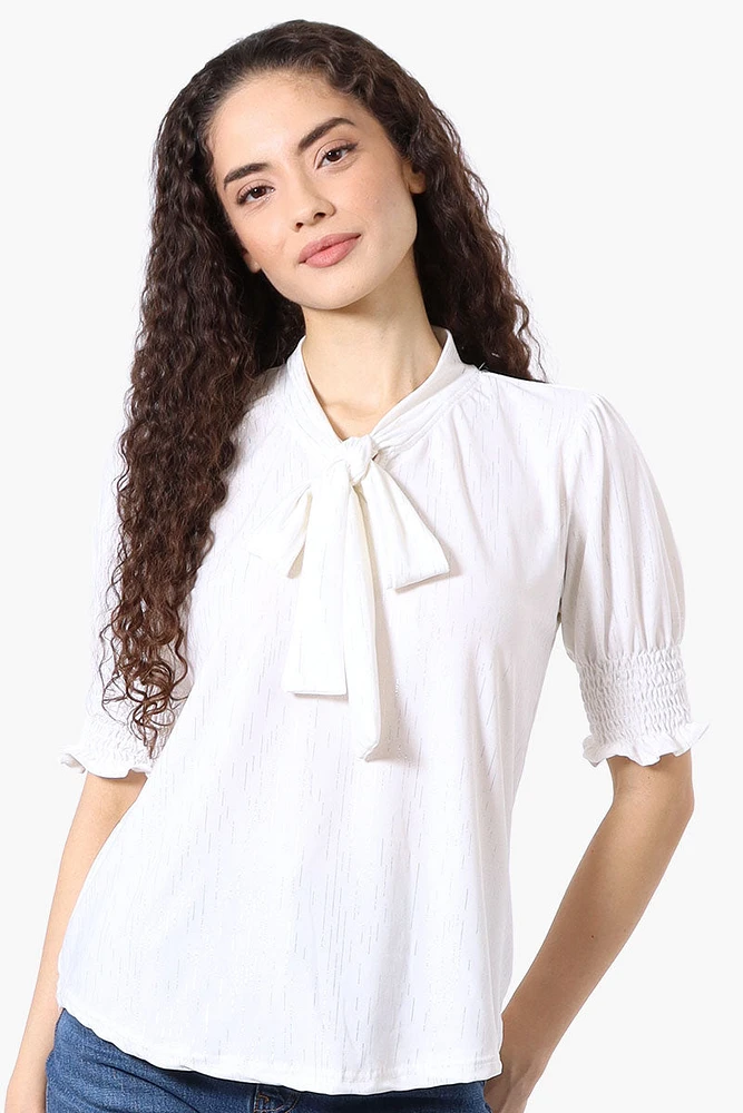 Beechers Brook Tie Neck Smocked Sleeve Blouse - White