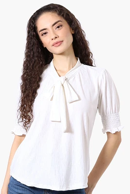 Beechers Brook Tie Neck Smocked Sleeve Blouse - White