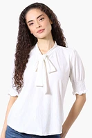 Beechers Brook Tie Neck Smocked Sleeve Blouse - White