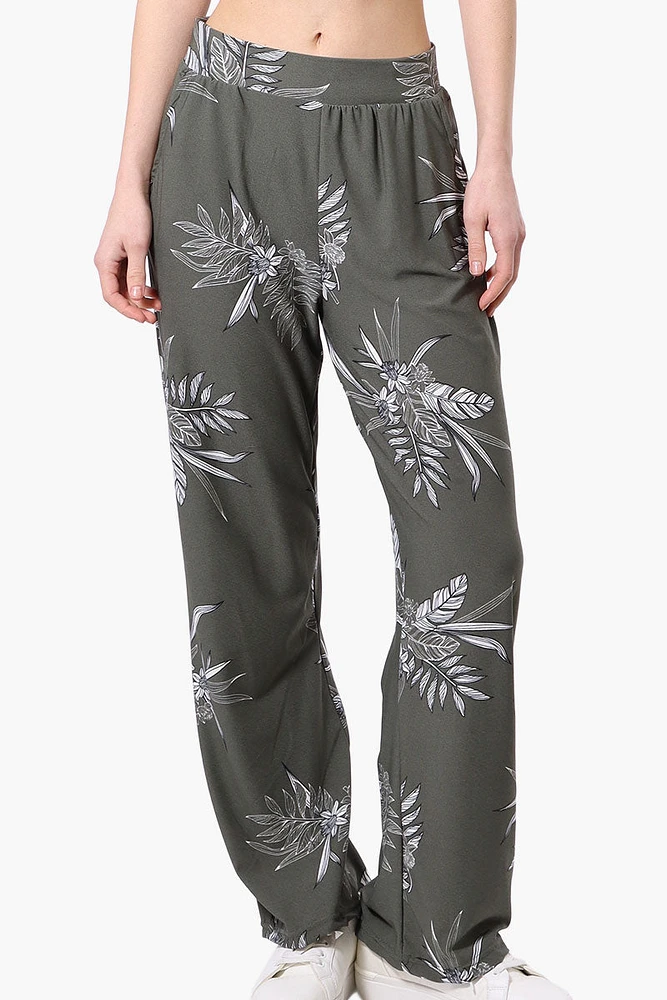 International INC Company Leaf Pattern Wide Leg Pants - Olive