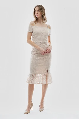 Costa Blanca Lace Off Shoulder Side Slit Cocktail Dress