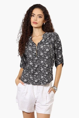 Beechers Brook Floral Half Zip Roll Up Sleeve Shirt