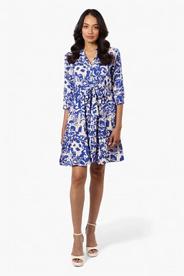 Beechers Brook Belted Patterned Button Down Day Dress - Blue