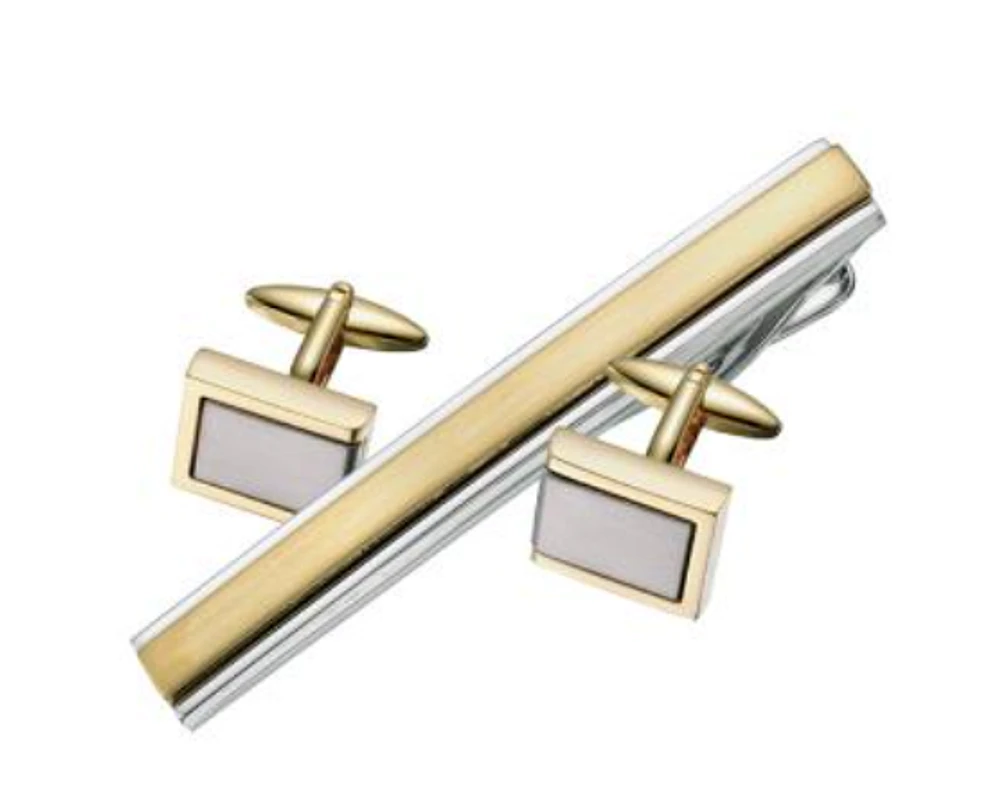 Cuff Link and Tie Bar Set - Brushed Gold & Silver