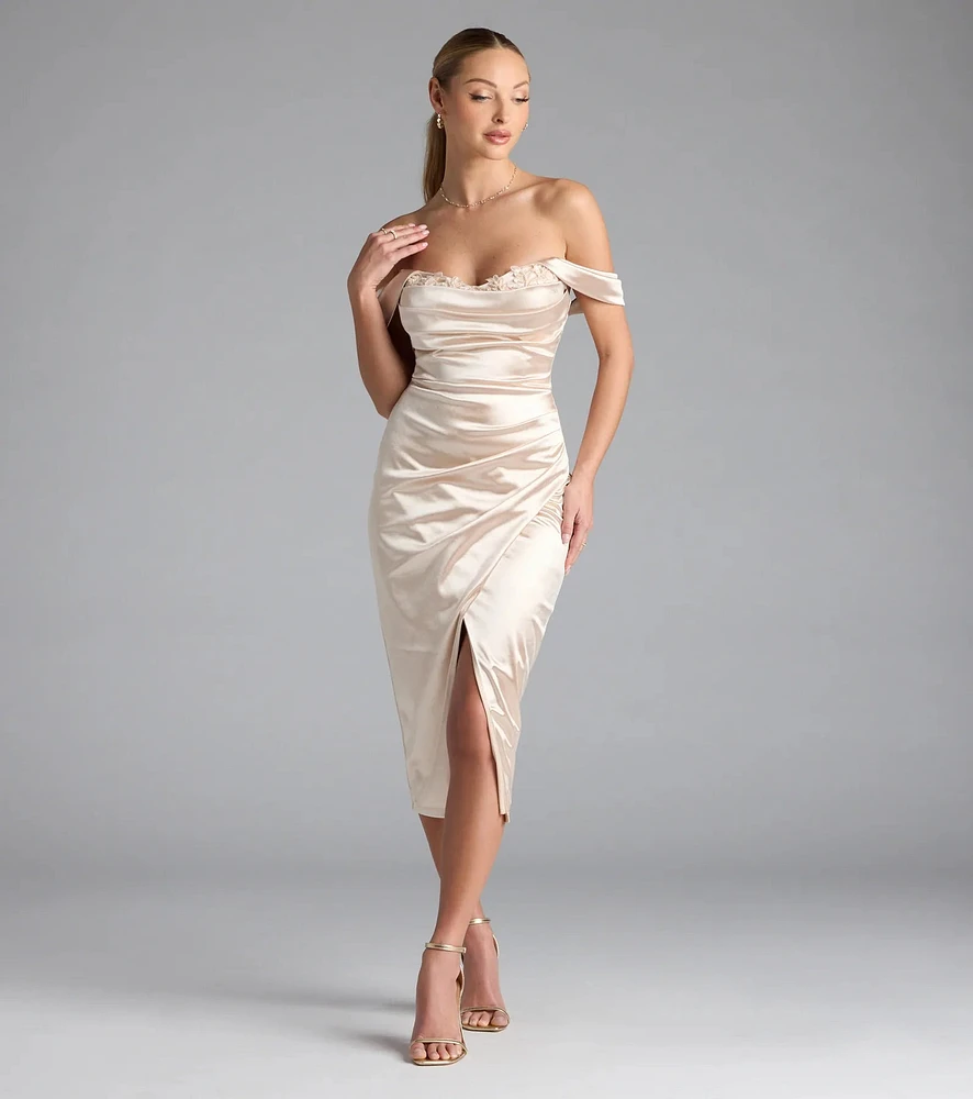 Martine Off-The-Shoulder Midi Satin Formal Dress