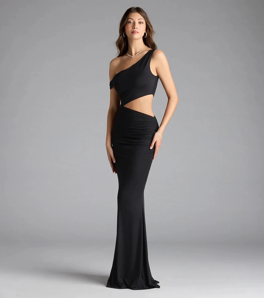 Idella One-Shoulder Cutout Mesh Formal Dress