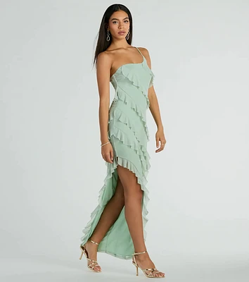 Jaymie One-Shoulder Ruffle Slit Formal Dress