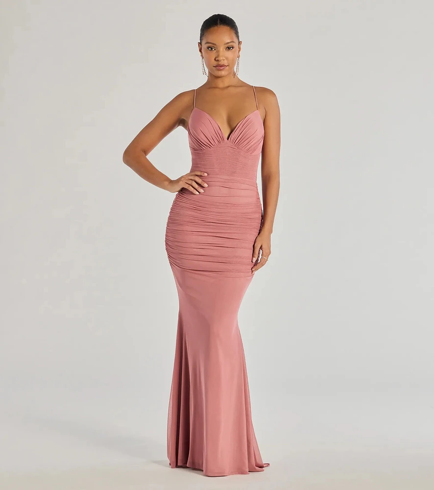 Lexi Formal Mesh Lace-Up Mermaid Long Dress