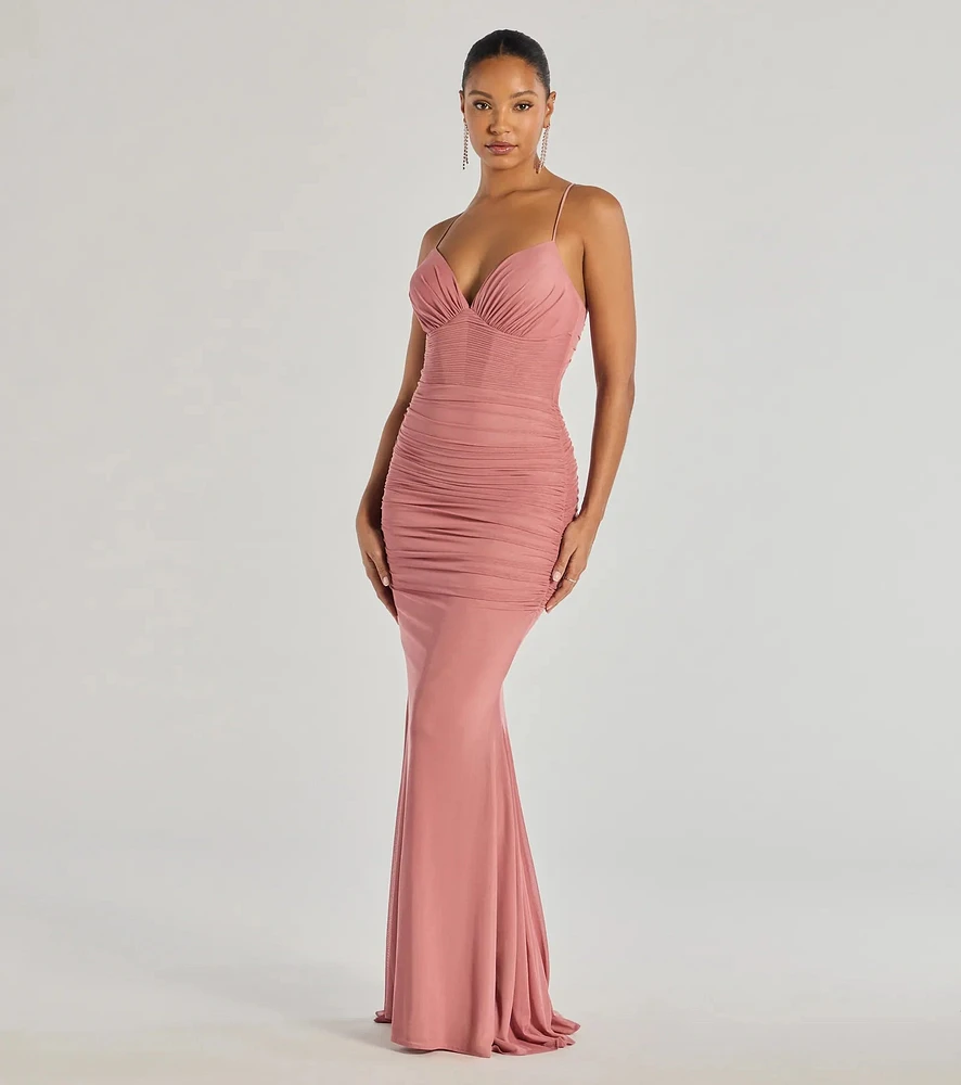 Lexi Formal Mesh Lace-Up Mermaid Long Dress