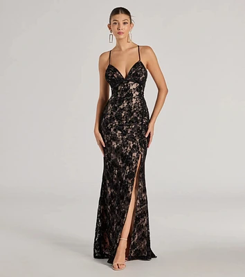 Mckenna Velvet Flocked Lace Mermaid Dress