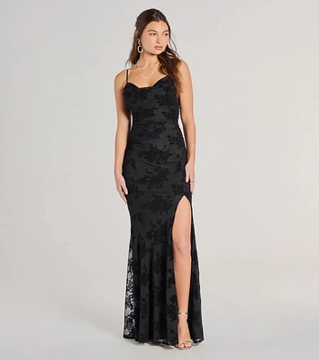 Ria Flocked Floral Velvet Formal Column Dress