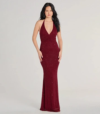 Blake Halter V-Neck Beaded Column Formal Dress