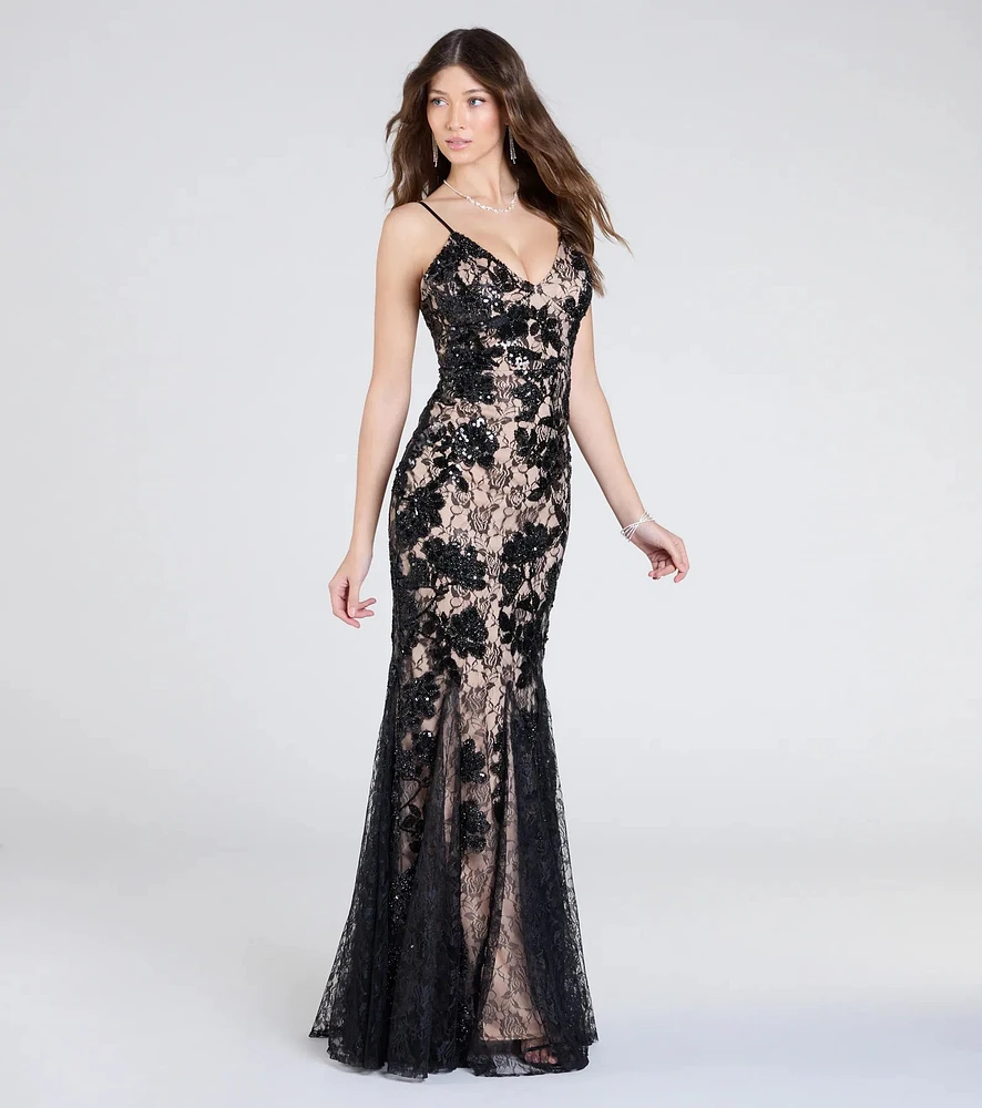 Naima V-Neck Mermaid Lace Sequin Formal Dress