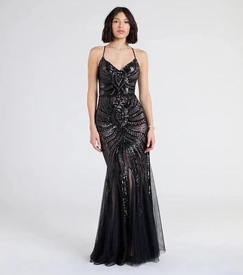 Brooke Lace-Up Mermaid Sequin Mesh Formal Dress