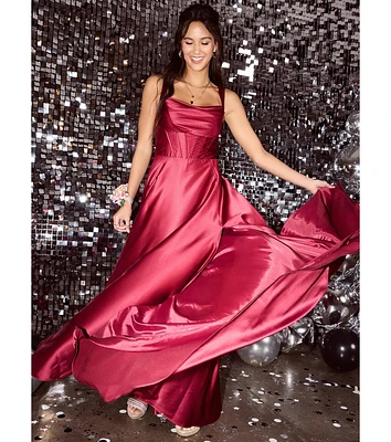 Daphne Corset Slit A-Line Satin Formal Dress