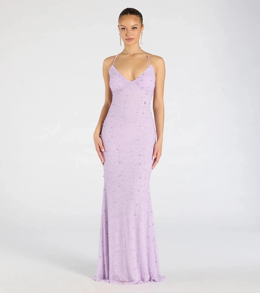 Marlene Lace-Up Mermaid Beaded Pearl Formal Dress